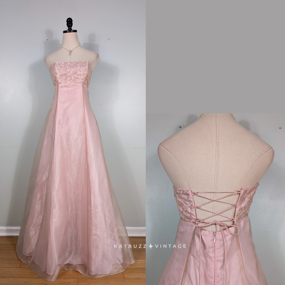 Vintage Zum Prom Dress Maxi Gown M Pink Gold Fairy Princess Corset 90S Y2K Glam